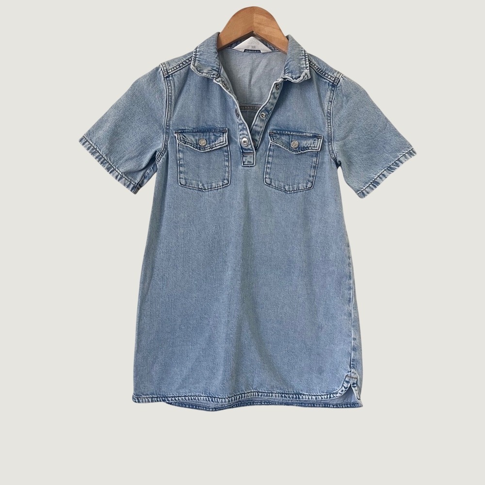 HM Kids Girls Blue Denim Shirt Dress Short Sleeve Light Wash Size 7-8Y Cotton